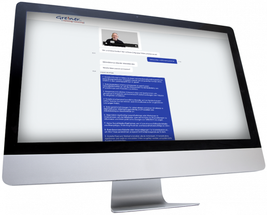 Computer Monitor auf dem der Chatbot von Werbecoach Rene Greiner läuft